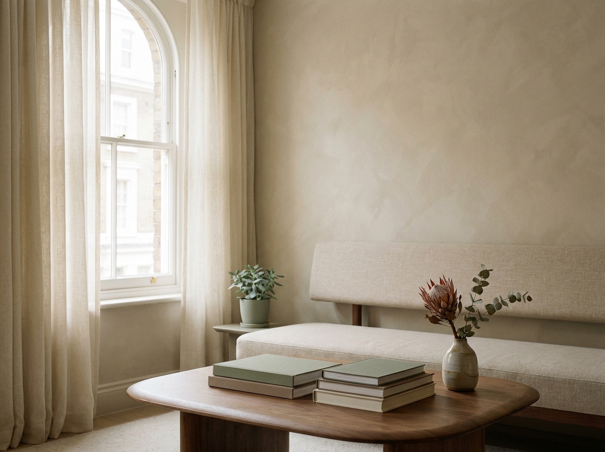 The waiting lounge — long oat-upholstered bench, low walnut table, dried protea in a ceramic vase