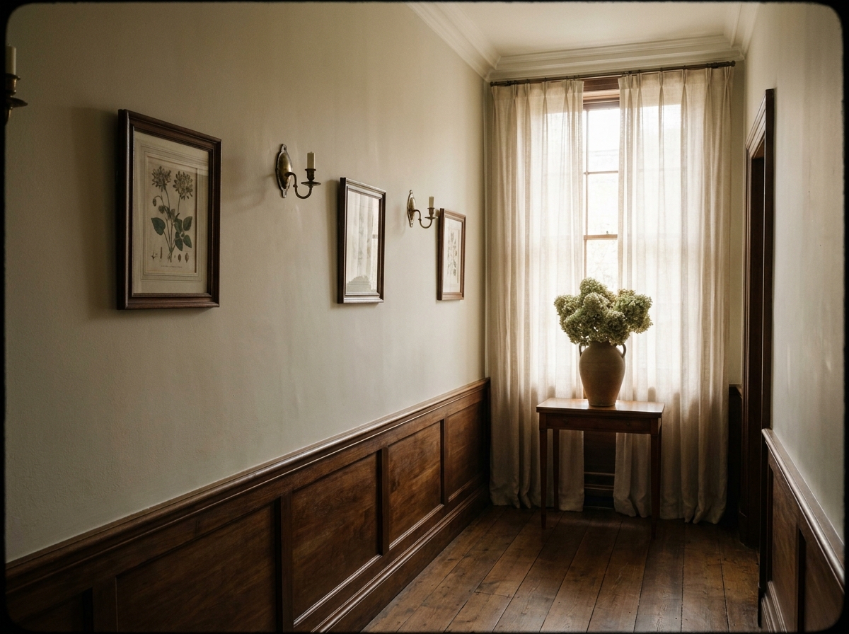 The corridor — pale putty walls, walnut wainscoting, three small framed botanical drawings