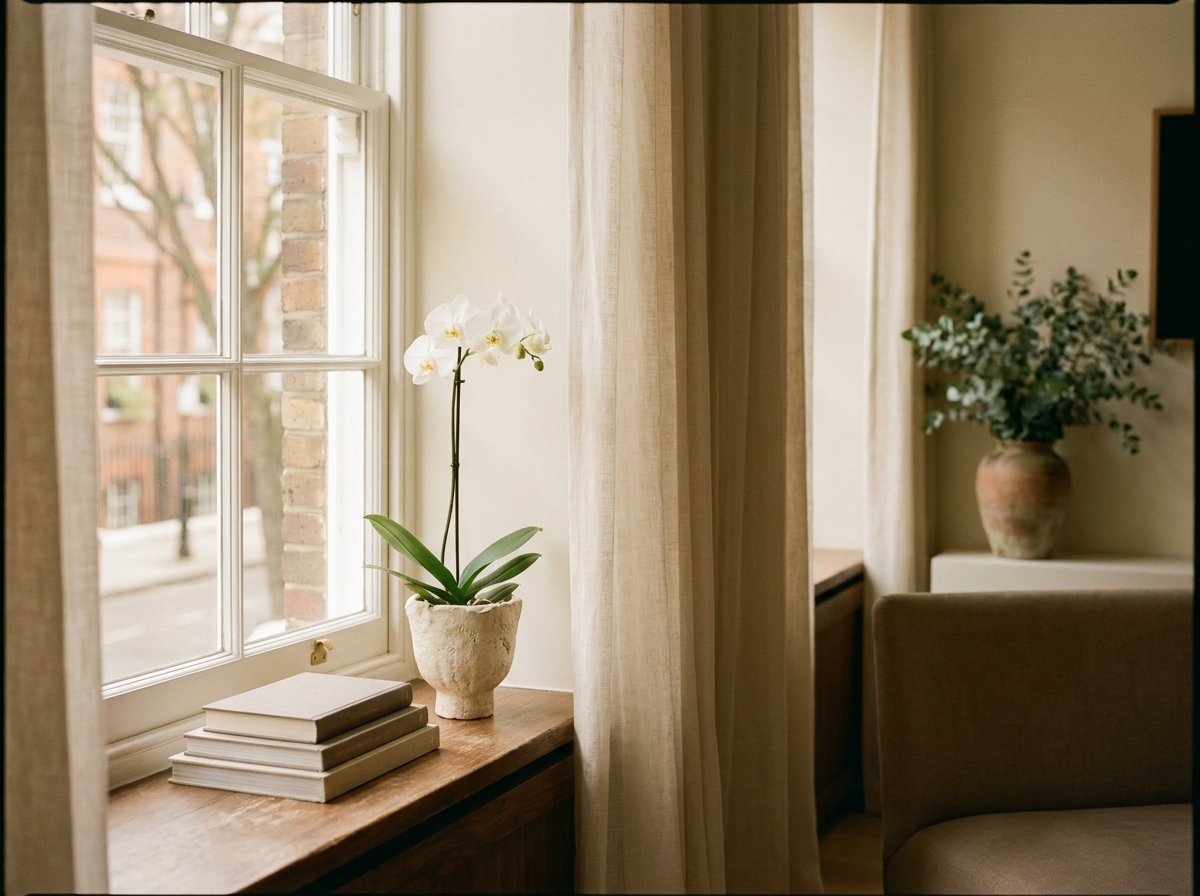 The window — a sash window with sheer linen curtains, a single white phalaenopsis orchid on the sill